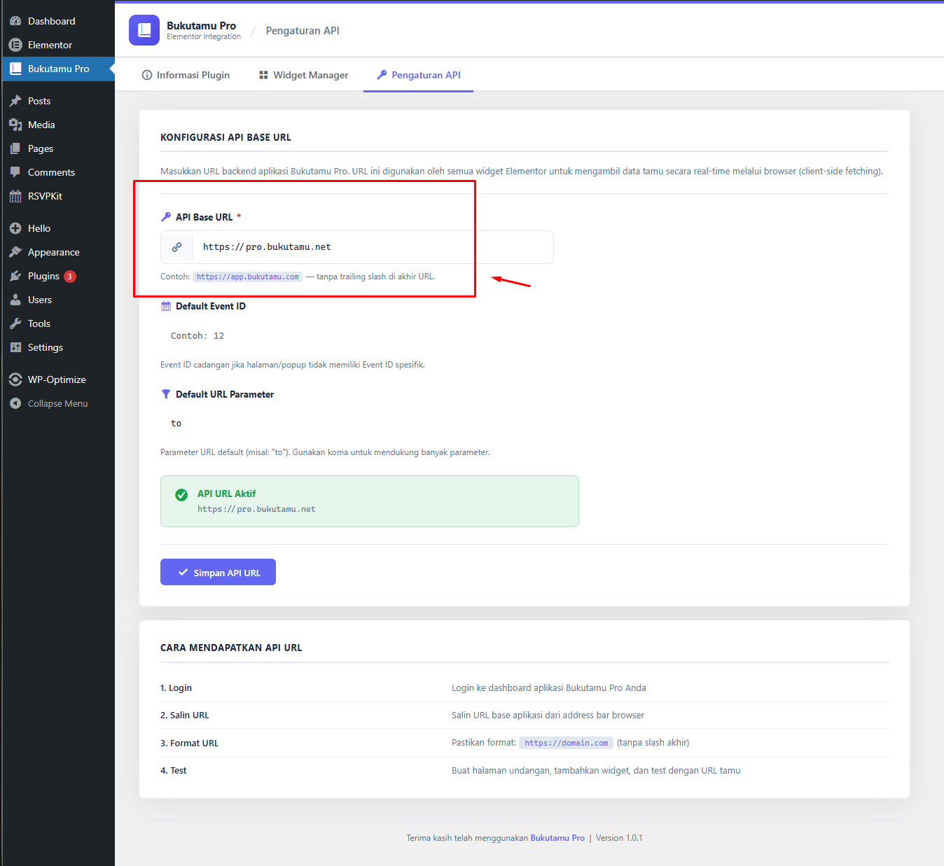 Langkah Konfigurasi URL API Base pada Plugin BukuTamu Pro